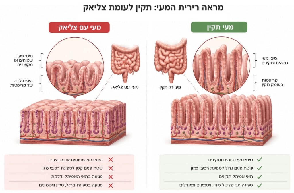 איור המחשה - מעי רגיל לעומת מעי של חולה צליאק